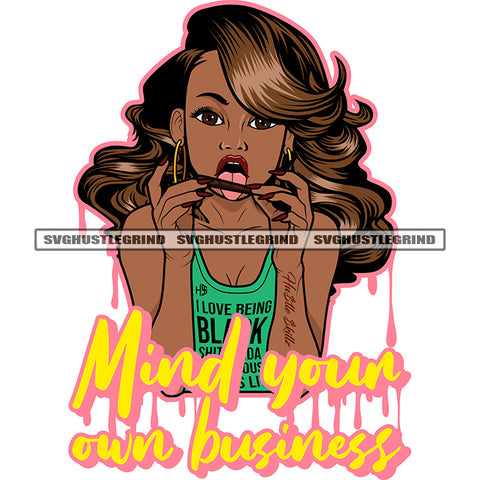 Mind Your Own Business Yellow Quote Melanin Woman Holding Weed Roll Design Element Long Hair Style Black Beauty Young Girl White Background Color Dripping SVG JPG PNG Vector Clipart Cricut Cutting Files