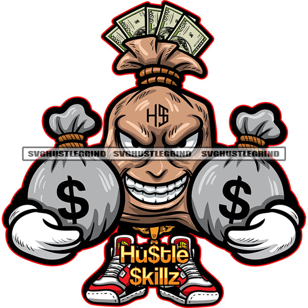 Gangster The Cash Of Money Bag Character Holding Double Money Bag Smile Face Vector Money Bag Standing Design Element White Background SVG JPG PNG Vector Clipart Cricut Cutting Files
