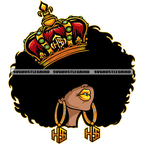 Melanin Black Queen Head Design Element Afro Big Hair Style White Background Crown On Head Vector No Eyes Color Design SVG JPG PNG Vector Clipart Cricut Cutting Files