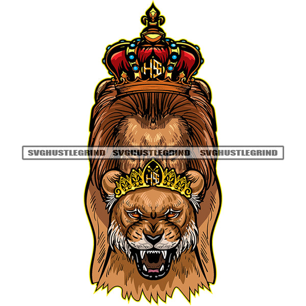 King Queen Lion Family Crown On Head Both King Hide Face Vector Stone Dimond Design Element White Background Red Eyes Long Hair SVG JPG PNG Vector Clipart Cricut Cutting Files