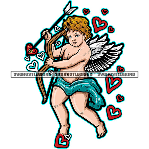 Melanin Yong Angel Standing On Wings Brown Color Hair Vector Design Element White Background Holding X-Bow Heart Symbol Flying Color Artwork SVG JPG PNG Vector Clipart Cricut Cutting Files