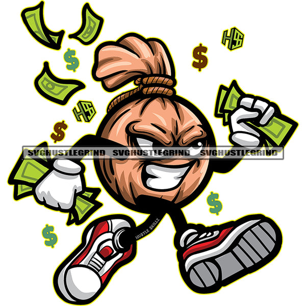 Funny Money Bag Character Holding Cash Money Color Dripping Vector White Background Smile Face Money Bag Character SVG JPG PNG Vector Clipart Cricut Cutting Files