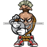 Cartoon Money Bag Character Holding Money Bag Vector Smile Face Cash Full Of Money Bag Standing Wearing Chain White Background SVG JPG PNG Vector Clipart Cricut Cutting Files