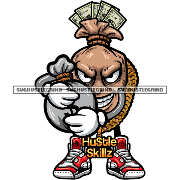 Cartoon Money Bag Character Holding Money Bag Vector Smile Face Cash Full Of Money Bag Standing Wearing Chain White Background SVG JPG PNG Vector Clipart Cricut Cutting Files