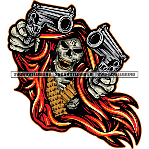 Skull Skeleton Head Design Element Gold Teeth Vector Skull Hand Holding Double Gun Bullet And Fire Design White Background Angry Face SVG JPG PNG Vector Clipart Cricut Cutting Files