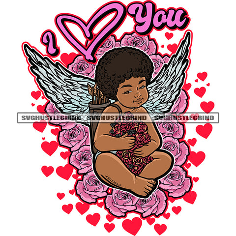 I Love You Color Quote Young Melanin Boy Sitting On Floor With Wings Heart Symbol Vector Design Element Rose Flower Color Design White Background Afro Short Hair Style SVG JPG PNG Vector Clipart Cricut Cutting Files