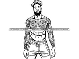 Physique Model Guy Male Hunk Muscle Body Tattoo Tattooed Ink Black African Afro Curly Topless Man .SVG .EPS .PNG Vector Space Clipart Digital Download Circuit Cut Cutting