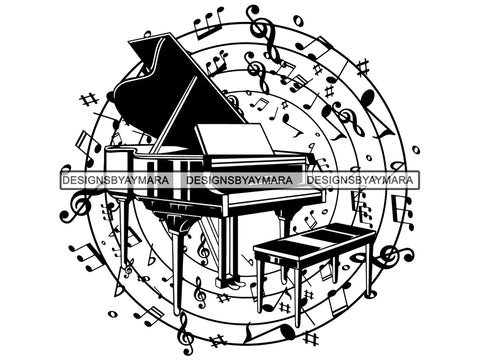 Piano Grand Music Musical Musician Note Flying Sphere Chair Organ Classical Design Pattern .SVG .EPS .PNG Vector Space Clipart Digital Download Circuit Cut Cutting