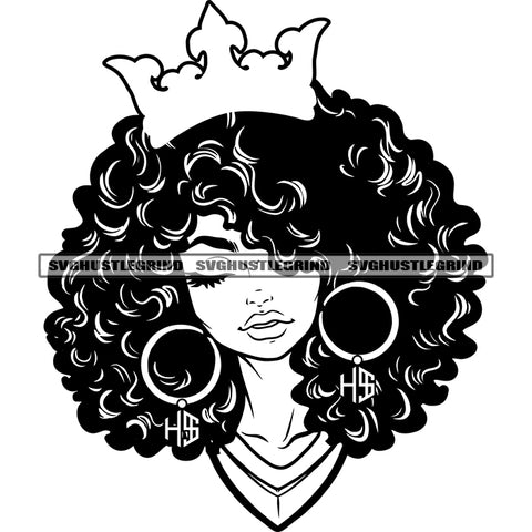 Melanin Woman Wearing Crown On Head Vector Black And White White Background Design Element BW Afro Big Hair Style Close Eye SVG JPG PNG Vector Clipart Cricut Cutting Files