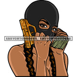 Gangster African American Woman Hand Holding Gun And Money Bundle Wearing Ski Mask Vector Design Element Afro Woman Long Hairstyle SVG JPG PNG Vector Clipart Cricut Silhouette Cut Cutting