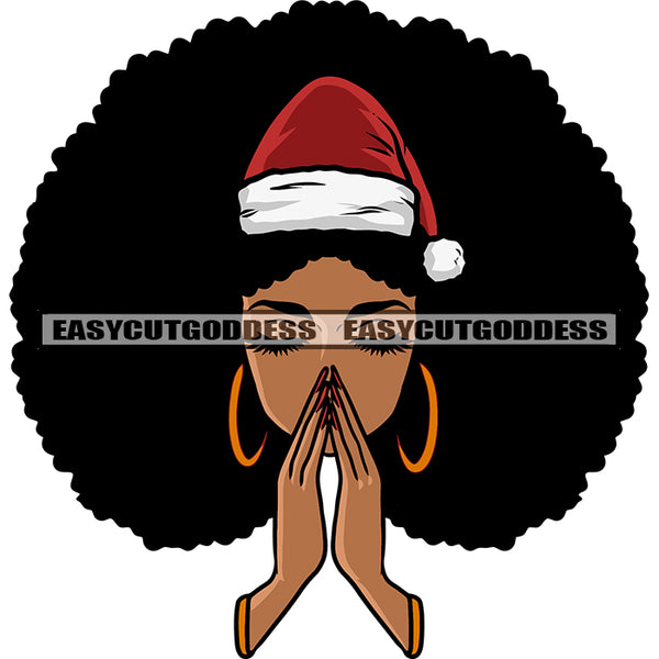 African American Girls Hard Praying Hand Pose Wearing Hoop Earing And Hat Close Eyes Puffy Hairstyle SVG JPG PNG Vector Clipart Cricut Silhouette Cut Cutting
