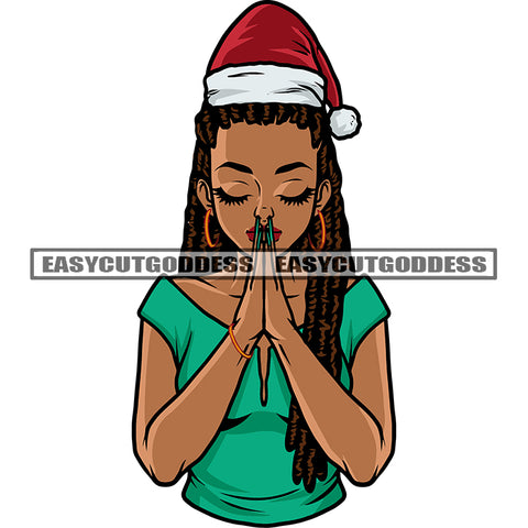 Cute Face African American Girls Hard Praying Hand Pose Wearing Hoop Earing And Hat Close Eyes SVG JPG PNG Vector Clipart Cricut Silhouette Cut Cutting