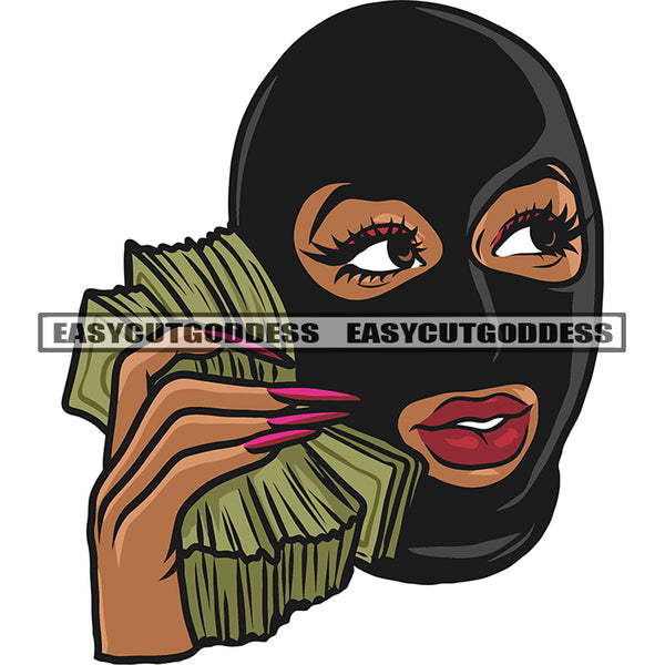 Smile Face Gangster African American Girl Hand Holding Money Bundle Design Element Smile Face Wearing Ski Face Mask Vector White Background SVG JPG PNG Vector Clipart Cricut Silhouette Cut Cutting