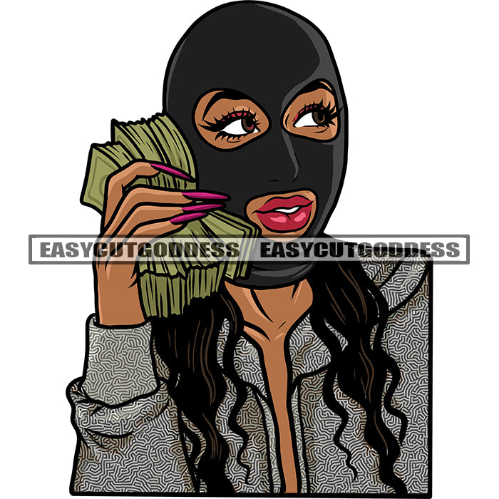 Gangster African American Girl Wearing Ski Mask Smile Face Hand Holdin ...