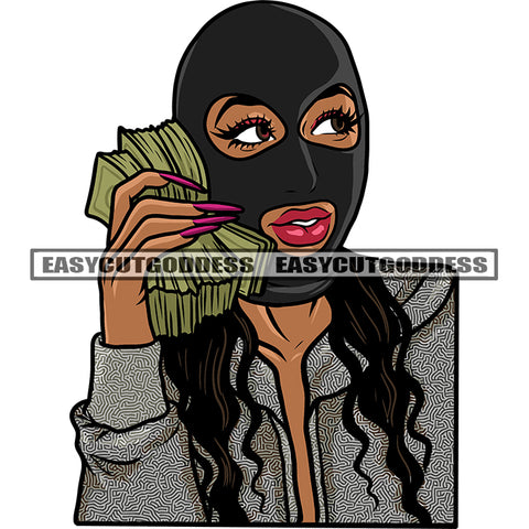 Gangster African American Girl Wearing Ski Mask Smile Face Hand Holding Lot Of Money Bundle Design Element Curly Long Hairstyle White Background Vector SVG JPG PNG Vector Clipart Cricut Silhouette Cut Cutting
