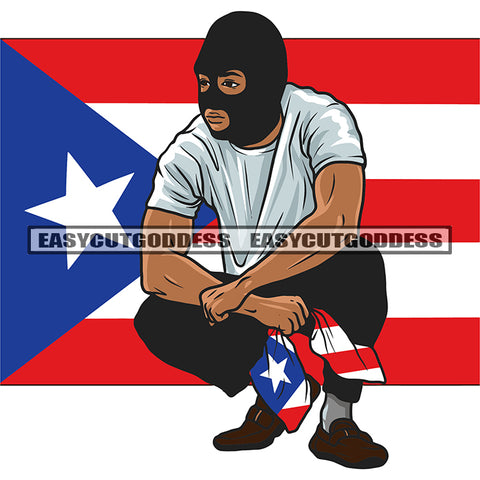 Gangster African American Man Sitting Pose Wearing Ski Mask Vector Design Element USA Flag Design Afro Attitude Man SVG JPG PNG Vector Clipart Cricut Silhouette Cut Cutting