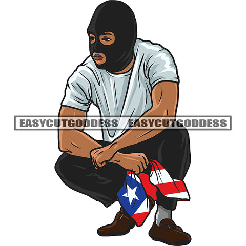 Gangster African American Man Sitting Pose Wearing Ski Mask Vector Design Element White Background USA Flag Design Afro Attitude Man SVG JPG PNG Vector Clipart Cricut Silhouette Cut Cutting
