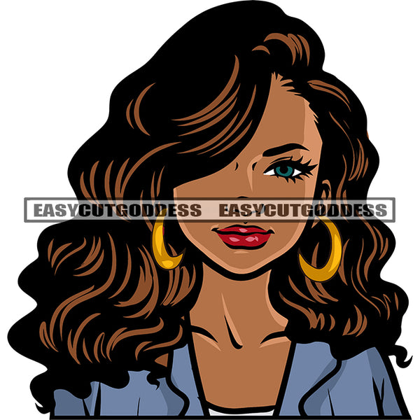 Cute African American Afro Girls Wearing Hoop Earing Curly Long Hairstyle Cute And Smile Face Design Element Smile Face White Background SVG JPG PNG Vector Clipart Cricut Silhouette Cut Cutting