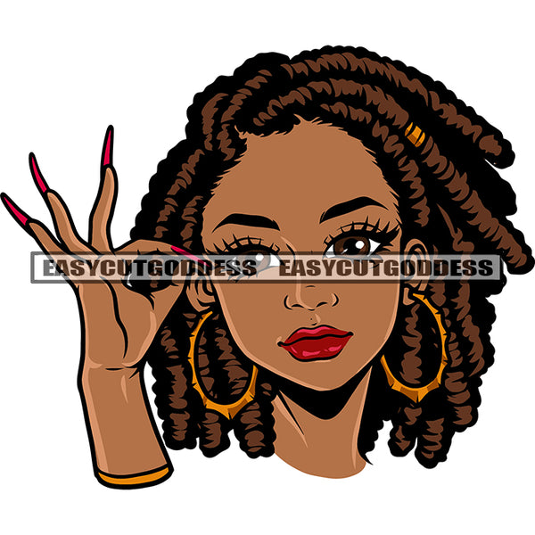 Ok Hand Sign African American Girl Cute Face Locus Hairstyle Design Element Wearing Hoop Earing Vector White Background Long Nail SVG JPG PNG Vector Clipart Cricut Silhouette Cut Cutting
