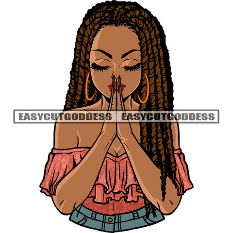 Gangster African American Girl Hard Praying Hand Afro Woman Cute Face Close Eyes Wearing Hoop Earing Locus Long Hairstyle Design Element SVG JPG PNG Vector Clipart Cricut Silhouette Cut Cutting