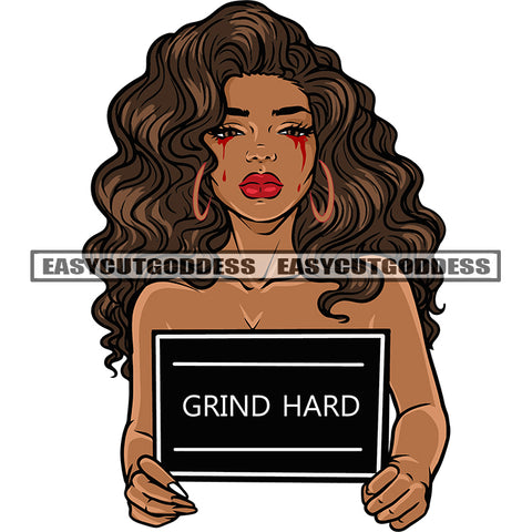 Grind Hard Quote African American Woman Hand Holding Banner Design Element Afro Hairstyle Wearing Hoop Earing Afro Woman Sexy Pose White Background SVG JPG PNG Vector Clipart Cricut Silhouette Cut Cutting