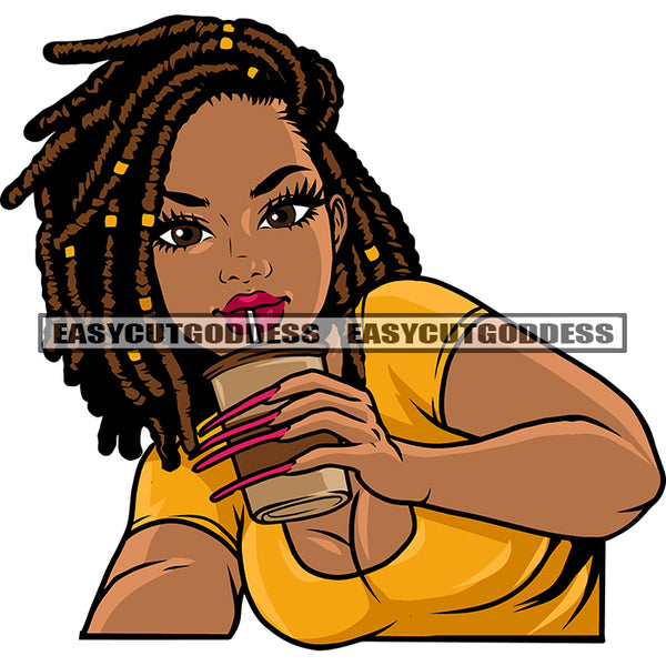 African American Girls Hand Holding Coffee Mug Straw On Mouth Afro Woman Smile Face Locus Hairstyle Smile Face SVG JPG PNG Vector Clipart Cricut Silhouette Cut Cutting