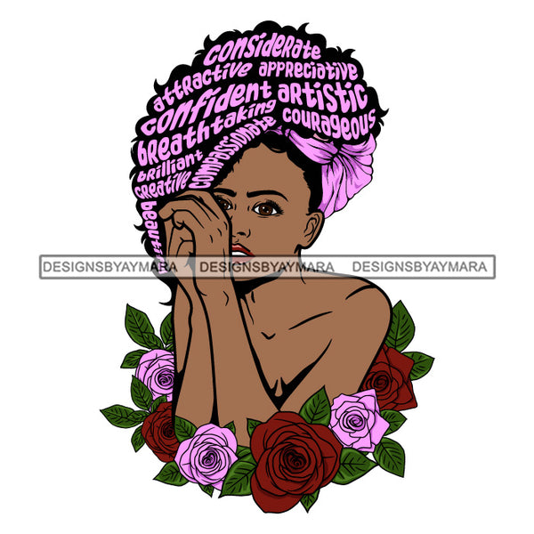 Black Woman  With Pink Words In Hair Confident Red And Pink Roses SVG JPG PNG Vector Clipart Cricut Silhouette Cut Cutting