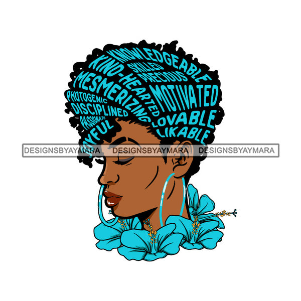 Black Woman  With Blue Words In Hair Motivated Blue Flowers SVG JPG PNG Vector Clipart Cricut Silhouette Cut Cutting