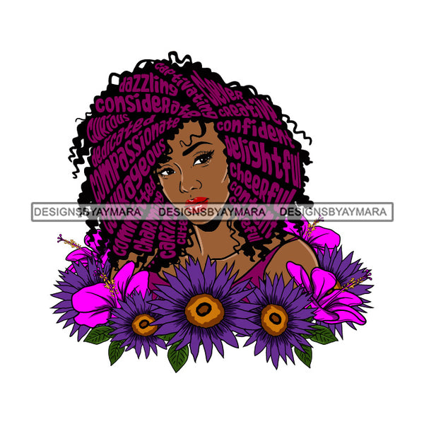 Black Woman With Purple Words In Hair Pink And Purple Flowers SVG JPG PNG Vector Clipart Cricut Silhouette Cut Cutting