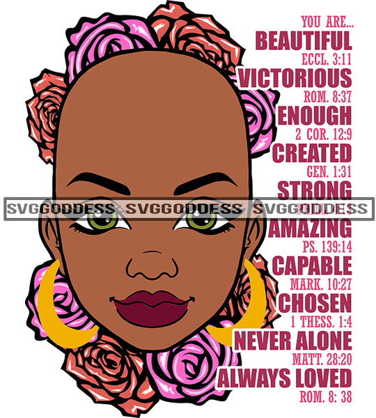 Bald Black Woman Pink Flowers With Bible Verses You Are Beautiful  SVG JPG PNG Vector Clipart Cricut Silhouette Cut Cutting