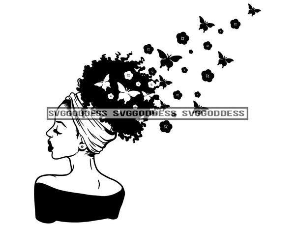 Goddess Black Woman In BW Headwrap Queen Butterflies  SVG JPG PNG Vector Clipart Cricut Silhouette Cut Cutting