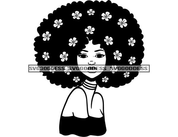 Black Woman In BW Big Afro With Flowers In Hair  SVG JPG PNG Vector Clipart Cricut Silhouette Cut Cutting