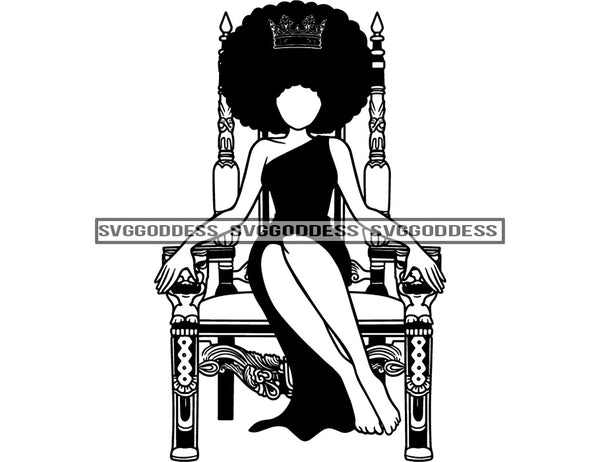 Black Queen Sitting On Throne In BW Big Afro Crowned  SVG JPG PNG Vector Clipart Cricut Silhouette Cut Cutting