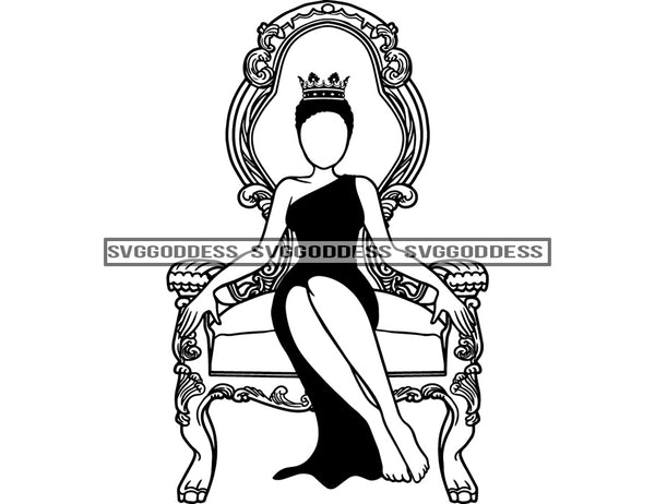 No Face Black Queen Sitting On Throne In BW  Crowned  SVG JPG PNG Vector Clipart Cricut Silhouette Cut Cutting