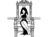 No Face Black Queen Sitting On Throne In BW  Crowned Long Hair  SVG JPG PNG Vector Clipart Cricut Silhouette Cut Cutting