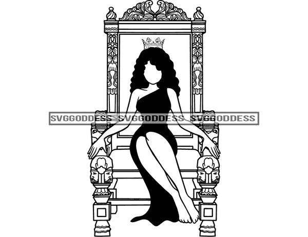 No Face Black Queen Sitting On Throne In BW  Crowned Long Hair  SVG JPG PNG Vector Clipart Cricut Silhouette Cut Cutting