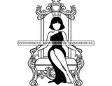 No Face Black Queen Sitting On Throne In BW  Crowned Short Hair  SVG JPG PNG Vector Clipart Cricut Silhouette Cut Cutting