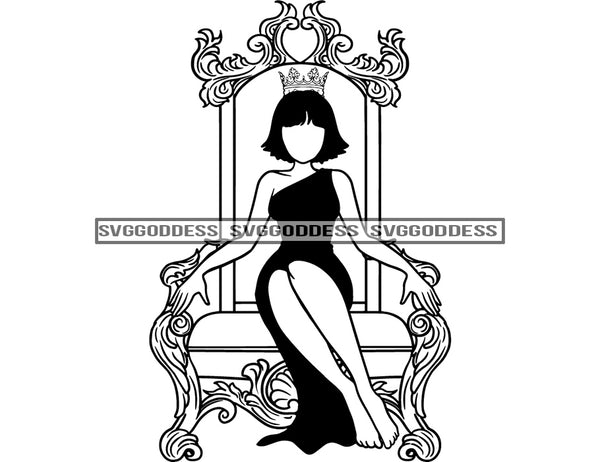 No Face Black Queen Sitting On Throne In BW  Crowned Short Hair  SVG JPG PNG Vector Clipart Cricut Silhouette Cut Cutting