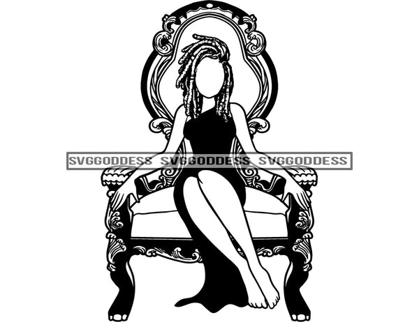 No Face Black Queen Sitting On Throne In BW  Crowned Locs Dreads Hair  SVG JPG PNG Vector Clipart Cricut Silhouette Cut Cutting