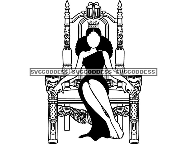 No Face Black Queen Sitting On Throne In BW  Crowned Afro Hair  SVG JPG PNG Vector Clipart Cricut Silhouette Cut Cutting