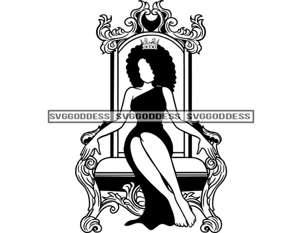 No Face Black Queen Sitting On Throne In BW Crowned Afro Hair SVG JPG ...