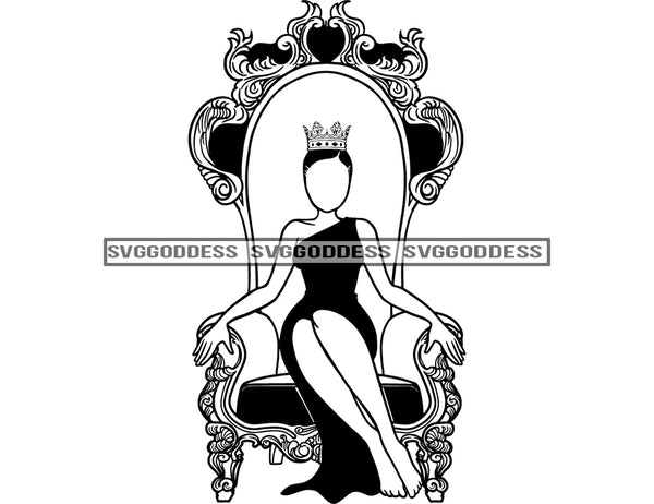 No Face Black Queen Sitting On Throne In BW  Crowned Short Afro Hair  SVG JPG PNG Vector Clipart Cricut Silhouette Cut Cutting