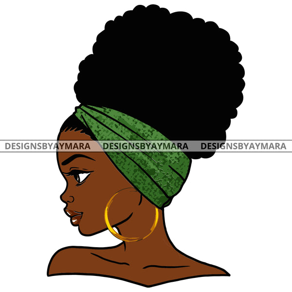 Black Woman Afro With Green Headwrap Gold Loops  SVG JPG PNG Vector Clipart Cricut Silhouette Cut Cutting