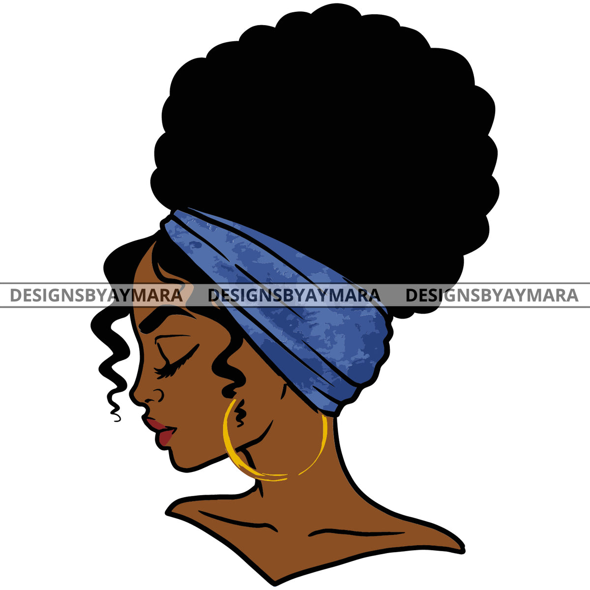 Black Woman Afro With Blue Headwrap Gold Loops SVG JPG PNG Vector Clip ...