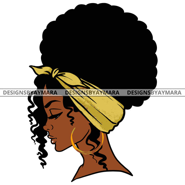 Black Woman Afro With Gold Yellow Headwrap Gold Loops  SVG JPG PNG Vector Clipart Cricut Silhouette Cut Cutting