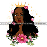 Crown Queen Long Black Hair With Pink Flowers SVG JPG PNG Vector Clipart Cricut Silhouette Cut Cutting