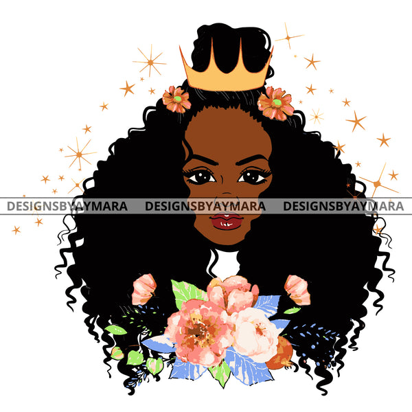Crown Queen Long Wavy Black Hair With Pink And Blue Flowers SVG JPG PNG Vector Clipart Cricut Silhouette Cut Cutting