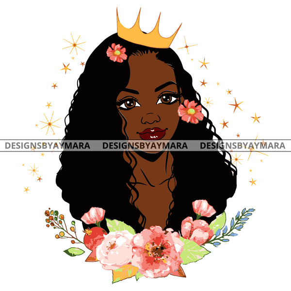 Crown Queen Long Hair Black With Dark Pink Flowers SVG JPG PNG Vector Clipart Cricut Silhouette Cut Cutting