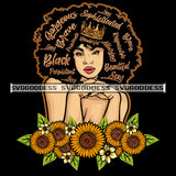 Black Queen Words In Hair Crowned With Sunflowers  SVG JPG PNG Vector Clipart Cricut Silhouette Cut Cutting