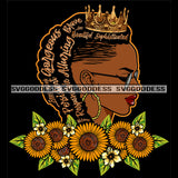 Black Queen Words In Hair Crowned With Sunflowers  SVG JPG PNG Vector Clipart Cricut Silhouette Cut Cutting